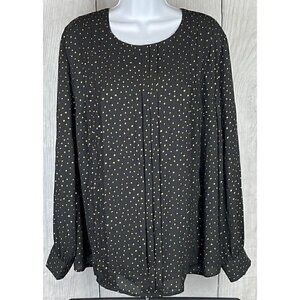 NWT Ava & Viv X Long Sleeve Pintuck Blouse Black Gold Foil Print Sheer Lined